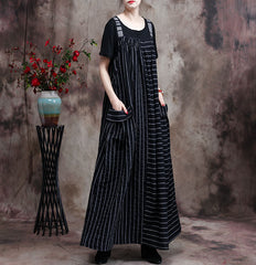 Striped Stitching Pocket Suspender Dress