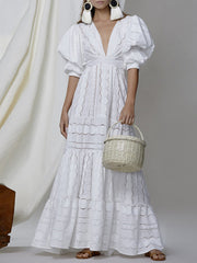 Deep V-Neck Puff Sleeve Lace Hollow Maxi Dress