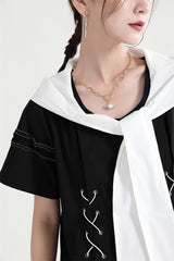 Retro Lace-Up Navy Collar Short Sleeve Midi Dress