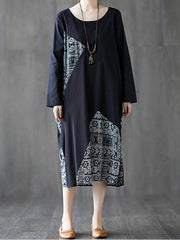 Retro Round Neck Print Midi Dress