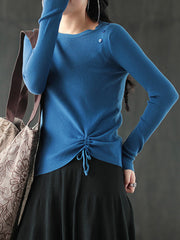 Women Round Neck Pullover Lace Up Sweater