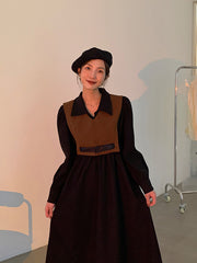 Urban Color-Block Lapel High-Waist Midi Dress