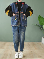 Women Stitching Color Block Plus Fleece Hooded Coat