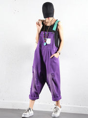 Solid Frayed Holes Suspender Jumpsuits