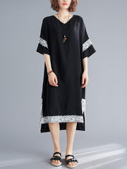 Loose Lace Splicing High-Low V-Neck Dress