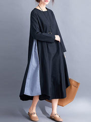 Loose Simple Black Split-joint Round-neck Long Dress