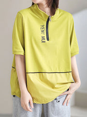 Casual Loose Letter Printed Zipper Stand Collar T-Shirt