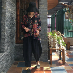 Retro Floral V-Neck Long Sleeve Shirt