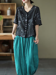 Vintage Print Loose Short Sleeve Shirt