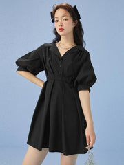 Retro Solid V-Neck Short Sleeve Mini Dress