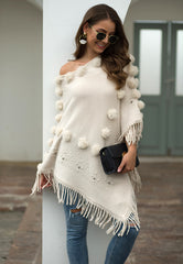 Simple Tassel Knitted Round-Neck Shawl Sweater