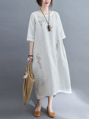 Women Retro Embroidered Solid Color Pullover Dress