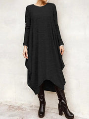 Simple Solid Color Round-Neck Long Sleeves Midi Dress