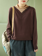 Women Retro Turtleneck Pullover Color Block Knitted Sweater