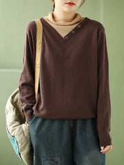 Women Retro Turtleneck Pullover Color Block Knitted Sweater