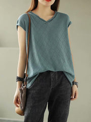 Solid Knitting Rhombus V-Neck T-Shirt