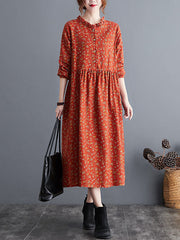Retro Floral Wood Ear Collar Midi Dress