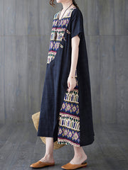 Retro Loose Thin Stitching Short Sleeve Dress