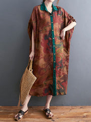Women Retro Lapel Contrast Print Loose Dress