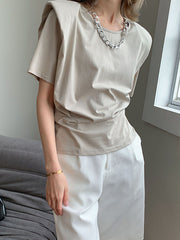 Summer Solid Shoulder Padded Short Sleeves T-Shirt