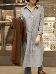 Loose Striped Lapel Midi Shirt Dress