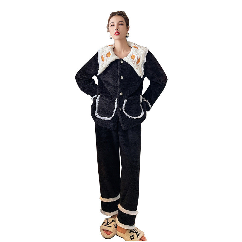 Casual Coral Fleece Jacquard Long Sleeve Lapel Collar Cardigan Top & Pants Pajamas Set