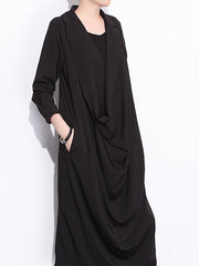 Women Solid Color Dark Black Tie Pile Collar Casual Dress