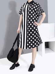 Striped Splicing Polka-Dot Shirt Dress