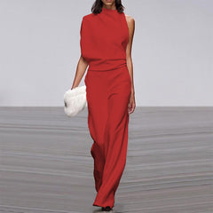 Asymmetric Pure Color Mock Neck Jumpsuit