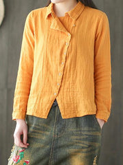 Ramie Cotton Solid Diagonal Button-design Shirt Top