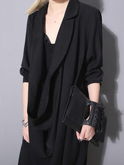 Women Solid Color Dark Black Tie Pile Collar Casual Dress