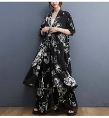 Loose Short Sleeves Printed Blouse & Wide Leg Pants Suit