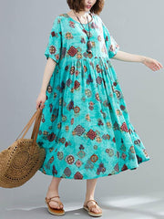 Vintage Floral Round-Neck Short Sleeves Dress