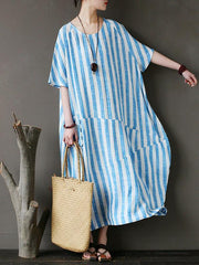 Loose Fresh Striped Printed Long Dress
