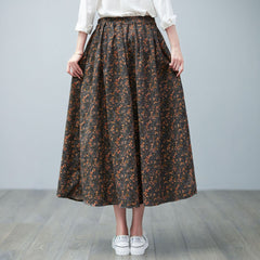 Retro Floral Elastic Waist A-Line Skirt