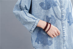 Embroidered Stand Collar Denim Blouse