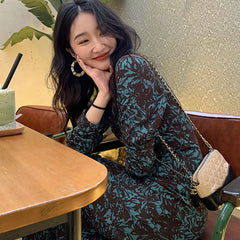 Maple Printed Long Sleeve Skinny Midi Dress