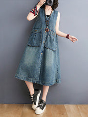 Vintage V-Neck Sleeveless Denim Vest Dress