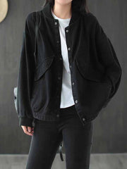 Stand Collar Printed Denim Coat