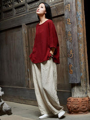 Burgundy&Purple Round-neck Ramie Cotton T-shirt