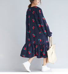 Round Neck Corduroy Embroidery Ruffle Midi Dress
