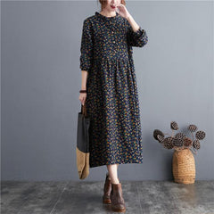 Retro Floral Wood Ear Collar Midi Dress