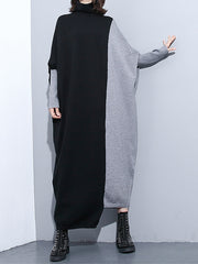 Women Stitching Contrast Color Knitted Sweater Maxi Dress