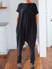 Casual Loose Solid Color Off-The-Shoulder Short Sleeves Jumpsuit