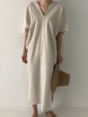 Simple Loose Solid Color V-Neck Split-Side Casual Dress