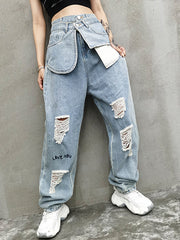 High Waiste Hole Straight Wide Leg Casual Pants