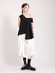 Women Lace Up Big Bow Irregular Slanted Shoulder Shirt