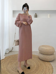 Casual Solid Color Round-Neck Knitted Midi Dress