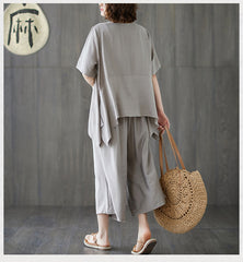 Women Solid Color High Waist Casual Loose Two-Piece Suit