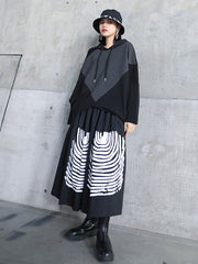 Retro Hooded Color Block Casual Blouse